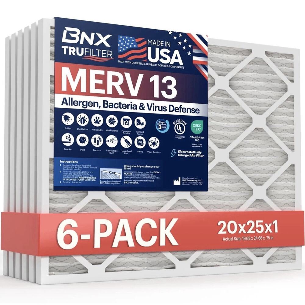 BNX TruFilter 20x25x1 Air Filter MERV 13 6-Pack - MADE IN USA - Electrostatic